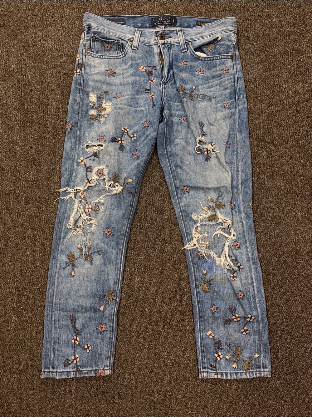 Lucky Brand Embroidered Distressed Light Blue Denim Jeans